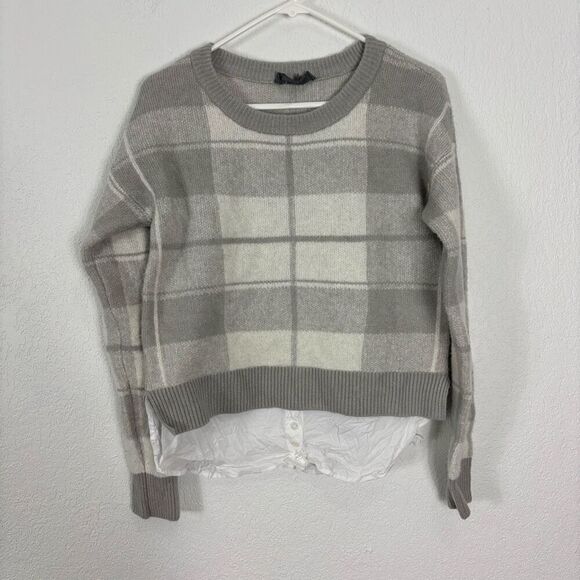 Anthropologie Grey and White Plaid Fleece Sweater w/ White Button Up Under - Picture 1 of 5